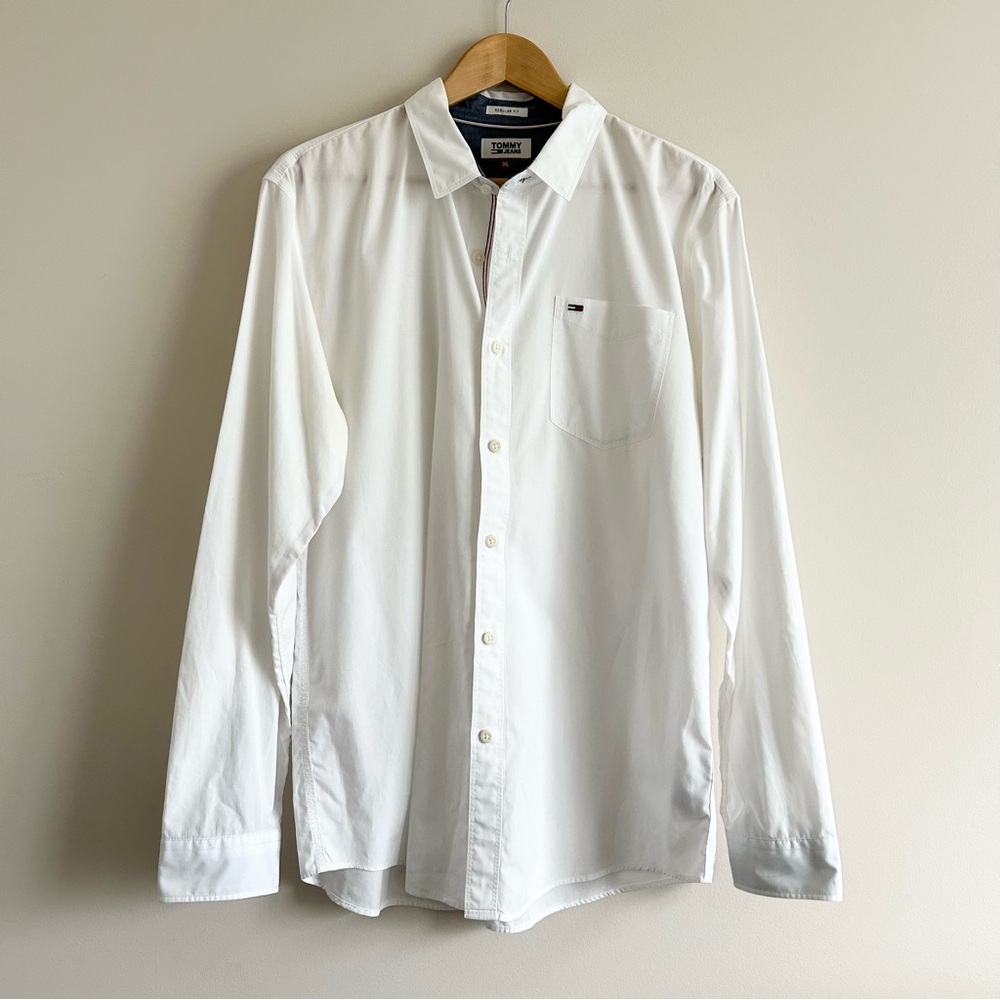 Tommy Hilfiger White Denim Chambray Cuff Button Down Dress Shirt Regular Fit XL - Picture 2 of 9